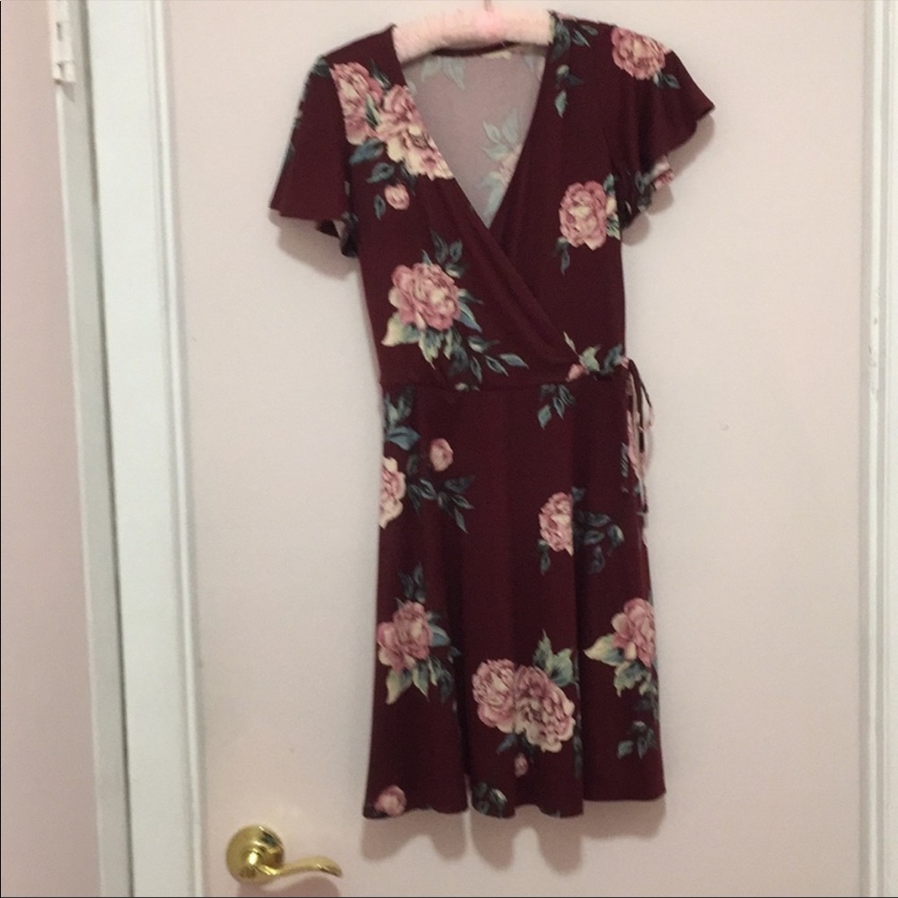 Fit and flare xs burgundy and floral dress